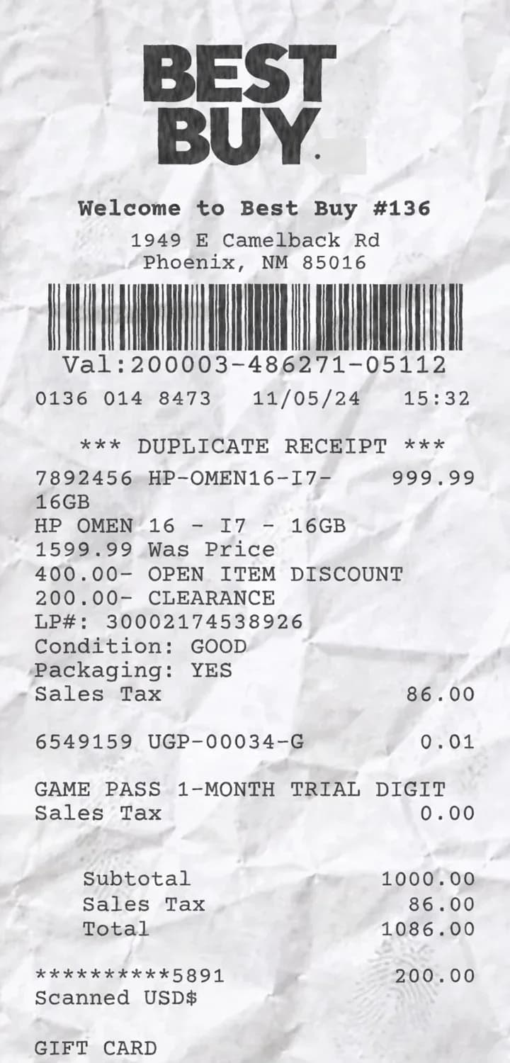 Aperçu d'un ticket Best Buy avec achats et totaux détaillés
